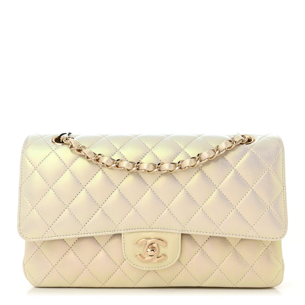Iridescent Lambskin Quilted Medium Double Flap Ivory