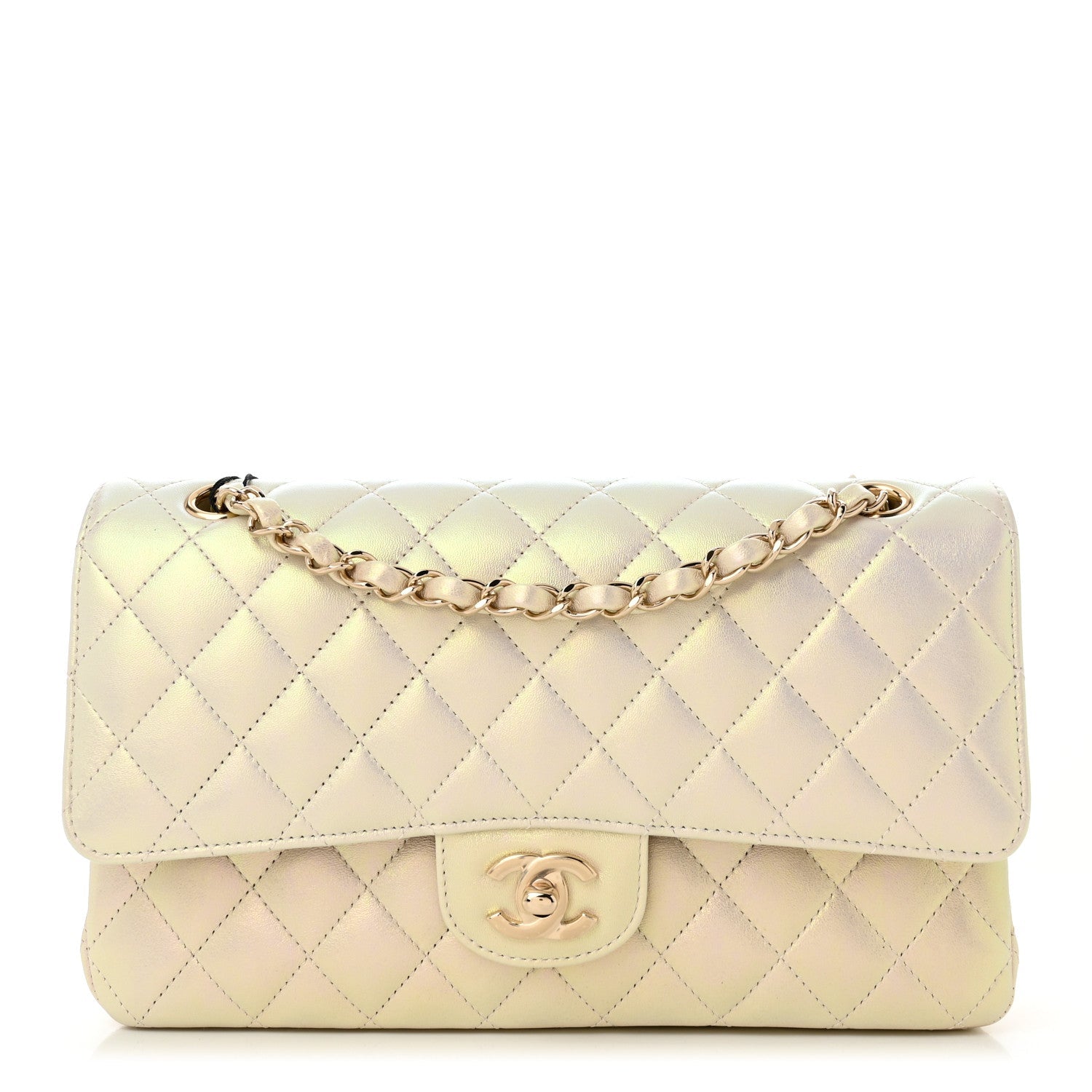 Iridescent Lambskin Quilted Medium Double Flap Ivory