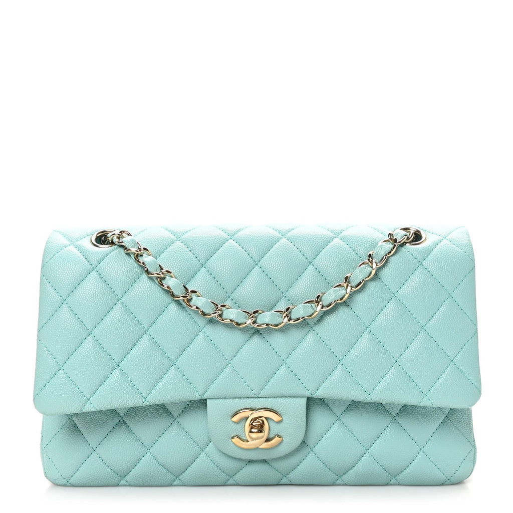 Caviar Quilted Medium Double Flap Light Blue