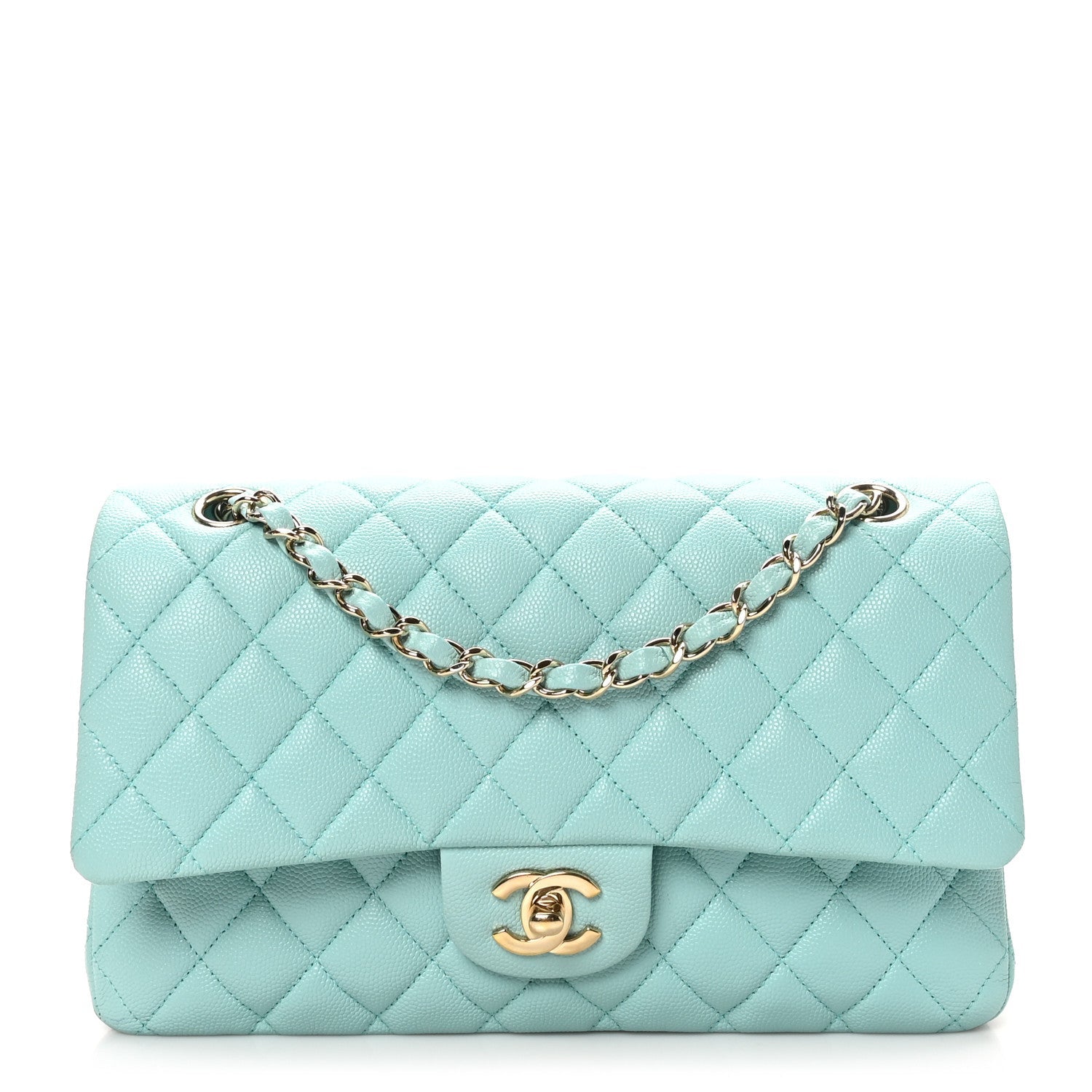 Caviar Quilted Medium Double Flap Light Blue