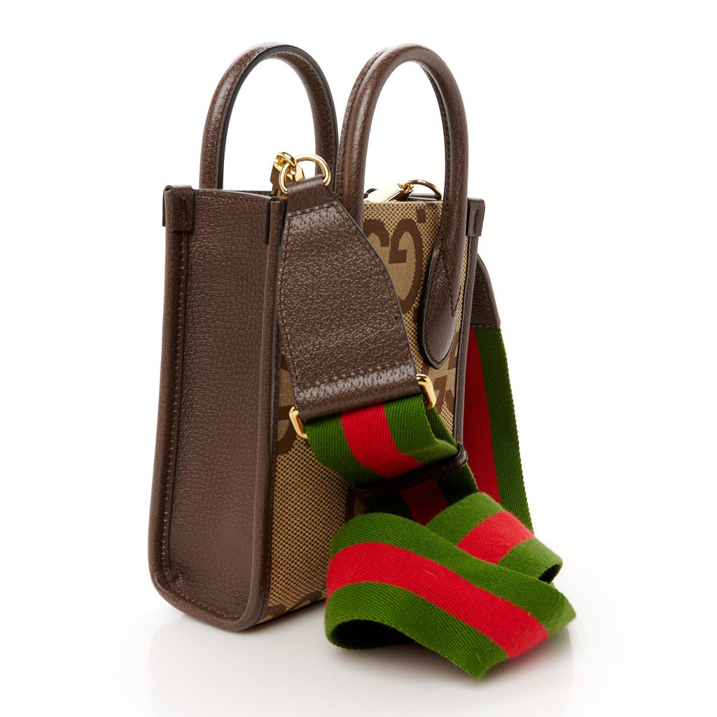 Monogram Jumbo GG Textured Dollar Calfskin Web Mini Vertical Tote Camel Ebony New Acero