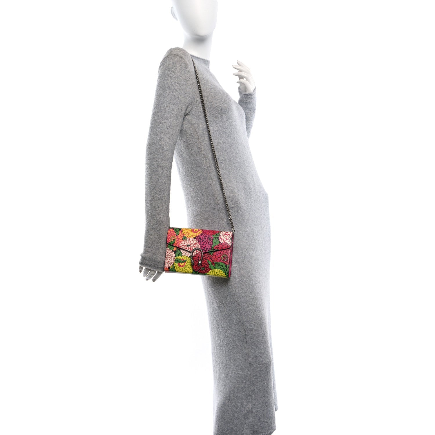 X KEN SCOTT Textured Calfskin Pomponica Print Mini Dionysus Chain Wallet Multicolor Fuxia Pompon