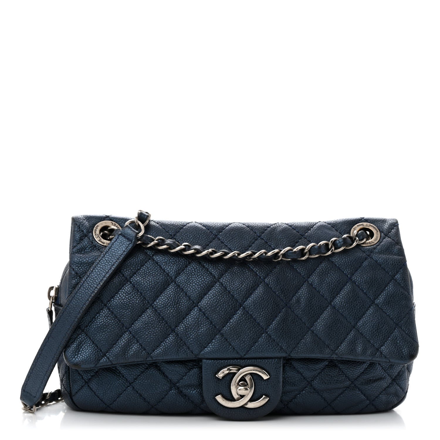 Iridescent Caviar Quilted Jumbo Easy Flap Dark Blue