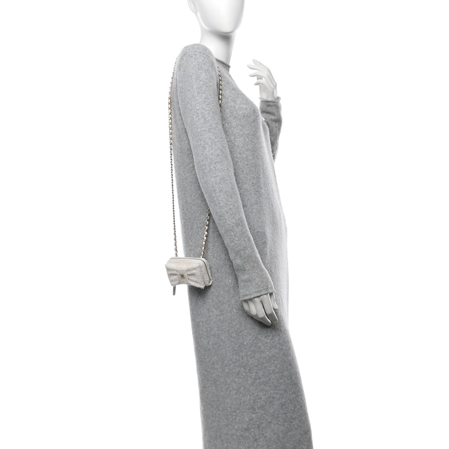 Tweed Quilted Bow Flap  Holder On Chain White