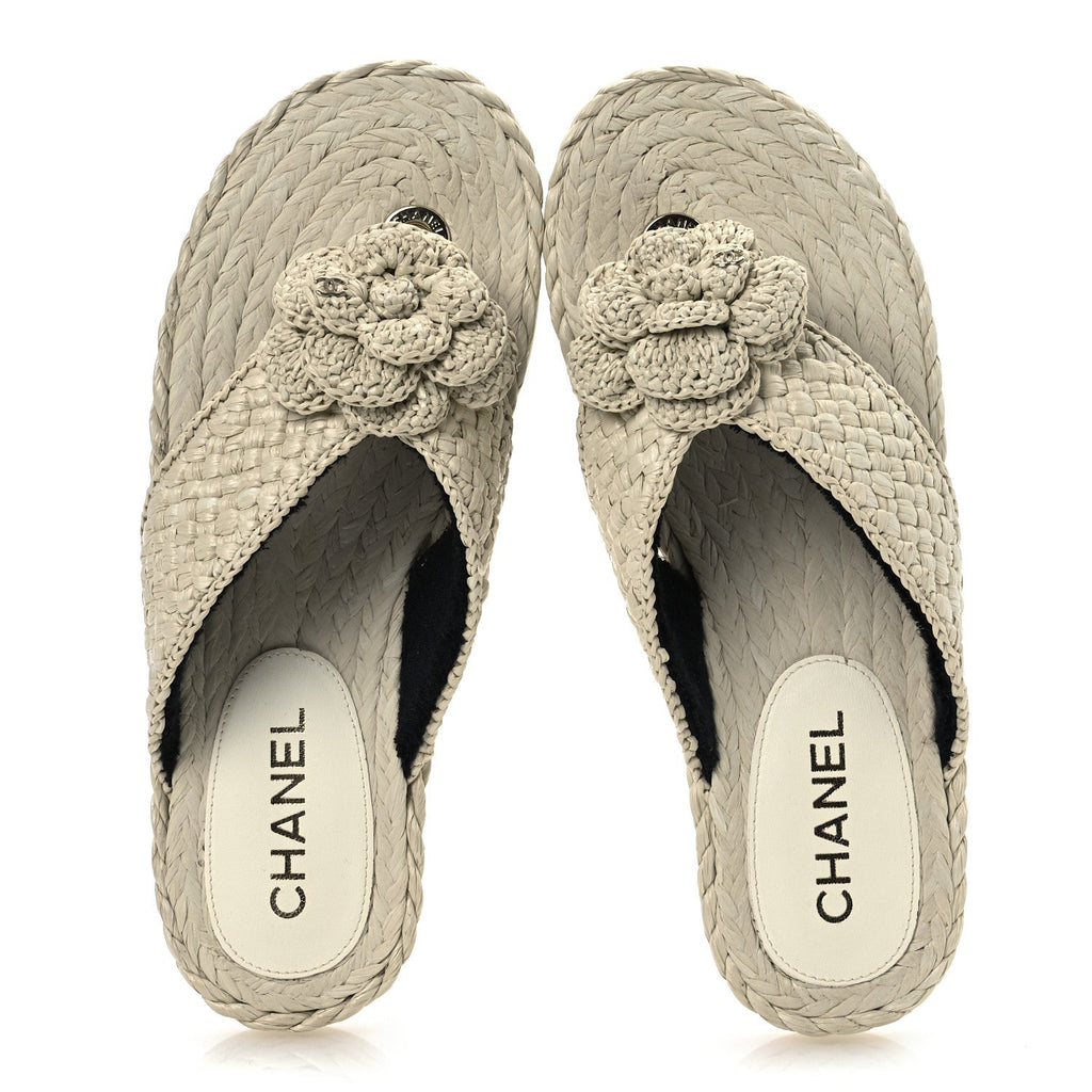 Raffia Camellia Flower Thong Sandals 38.5 Ivory