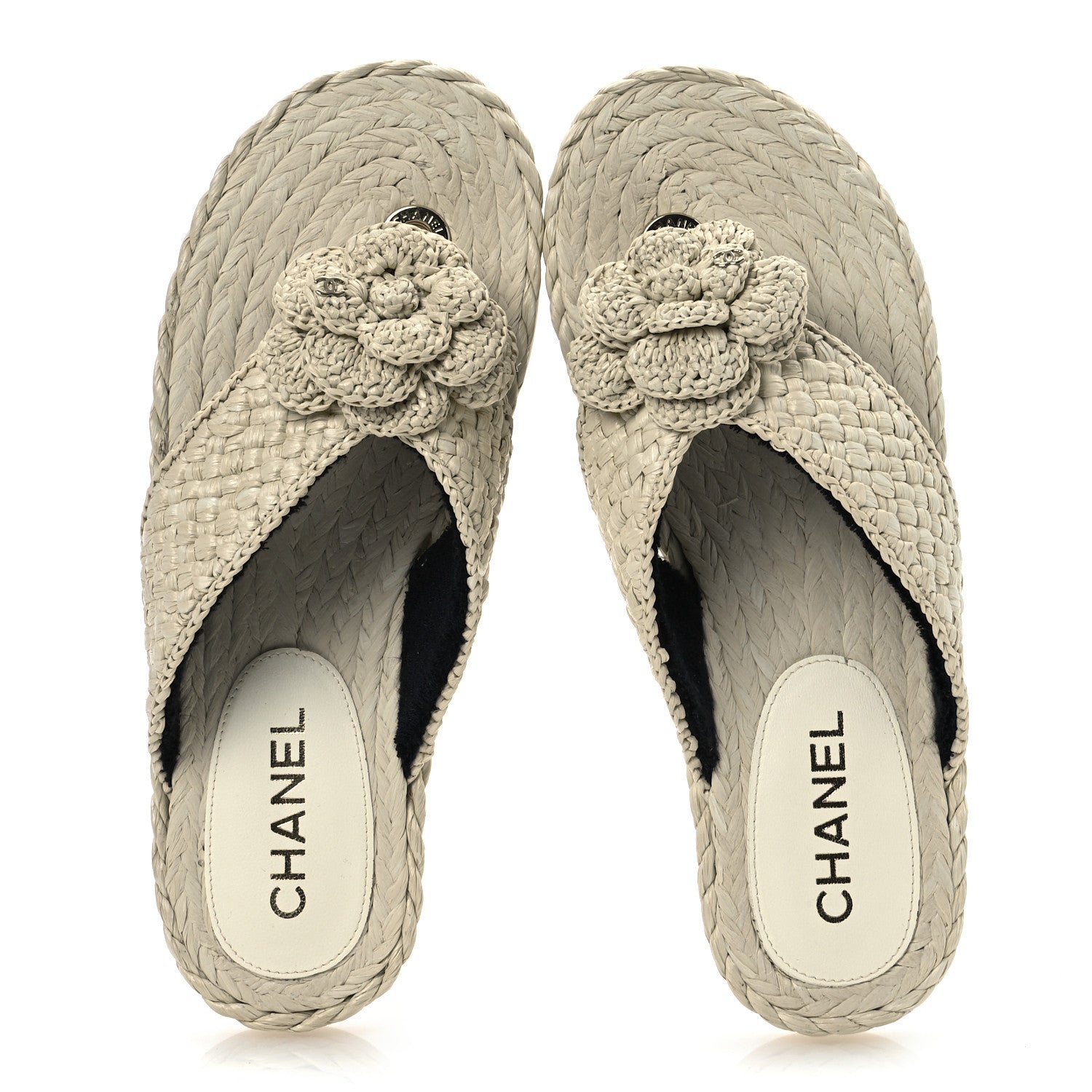 Raffia Camellia Flower Thong Sandals 38.5 Ivory
