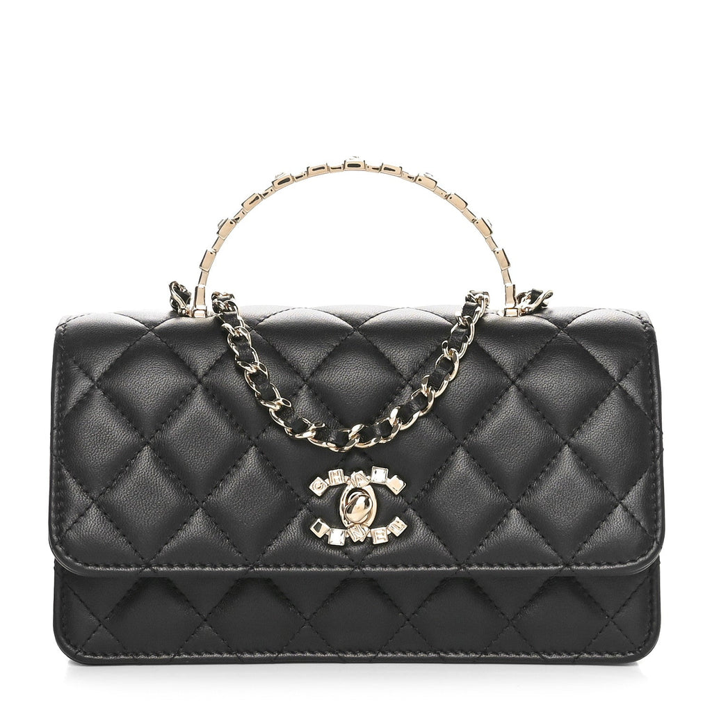 Lambskin Quilted Crystal Top Handle Clutch With Chain Black