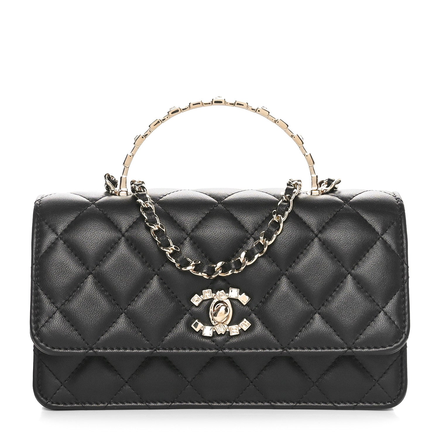 Lambskin Quilted Crystal Top Handle Clutch With Chain Black