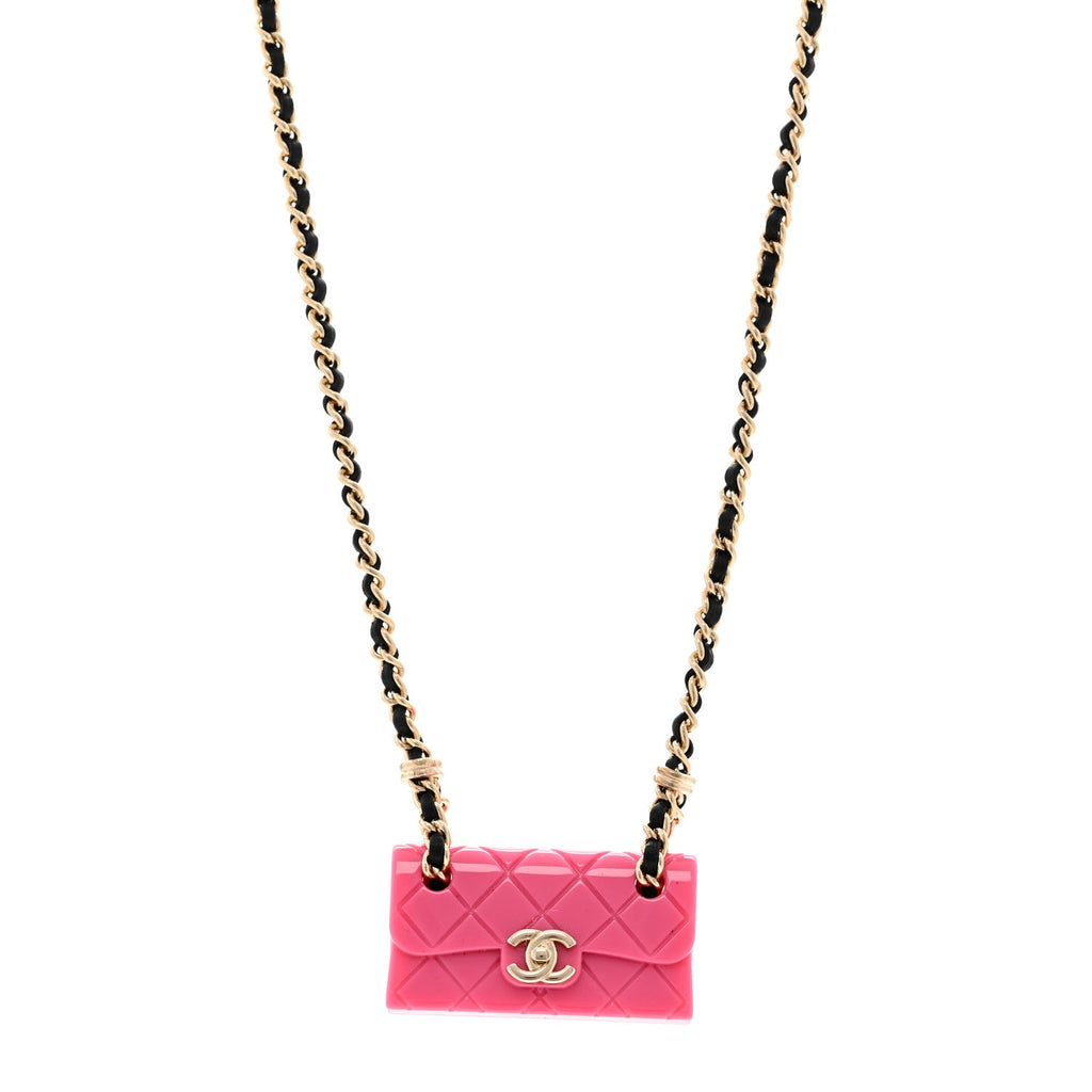 Metal Resin Calfskin Quilted CC Turnlock Chain Bag Necklace Gold Pink Gold Pink