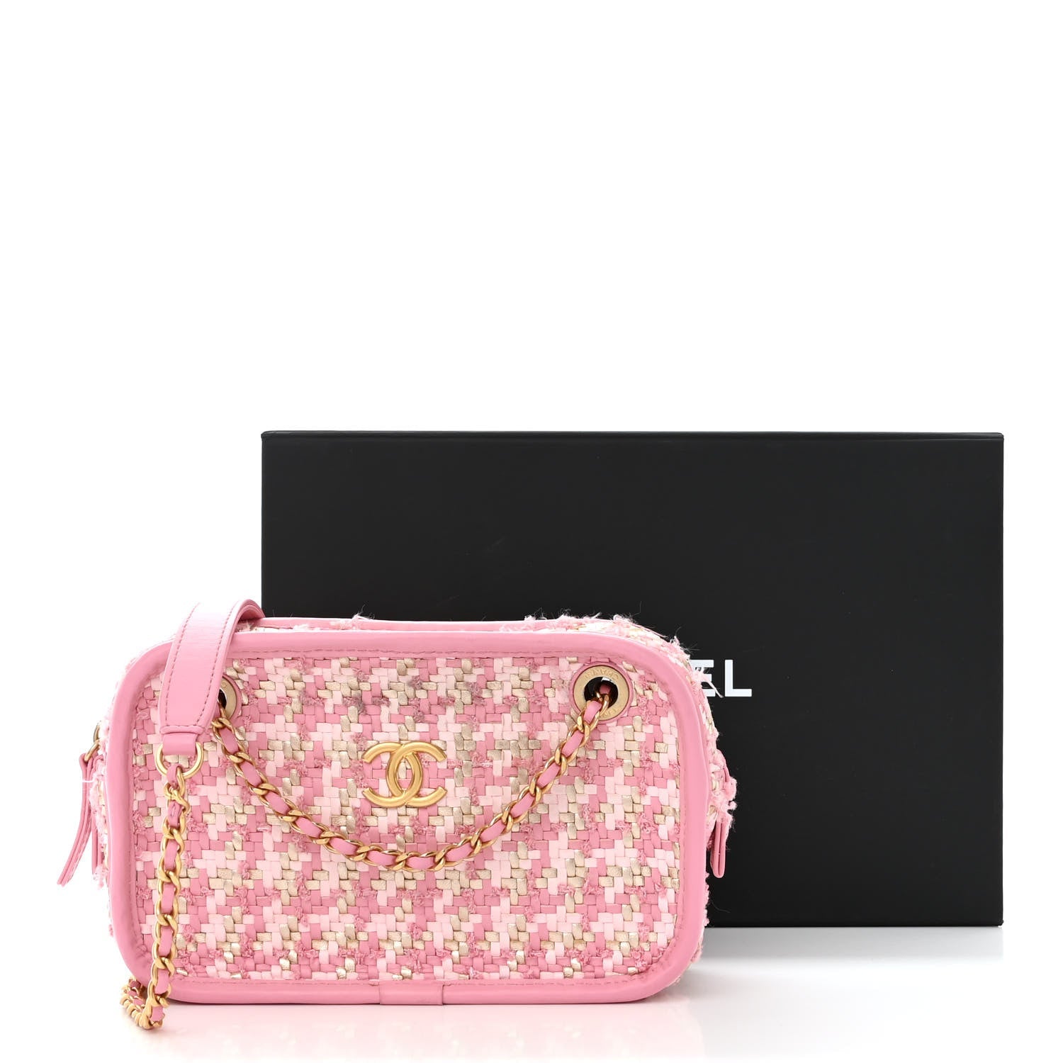 Metallic Lambskin Viscose Woven Camera Case Rose Beige