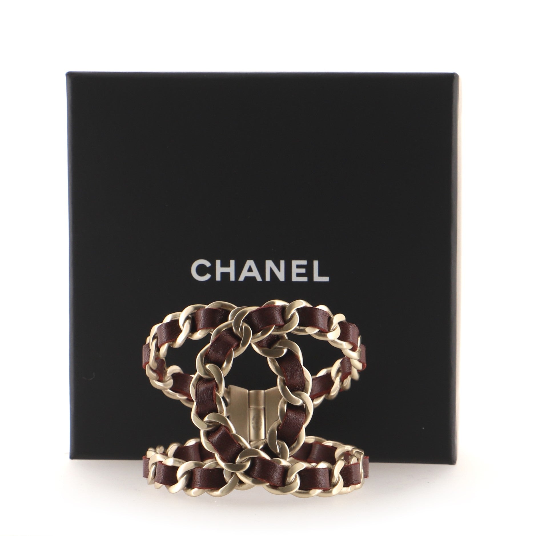 Chain CC Cuff Hinged Bracelet Metal with Lambskin Wide