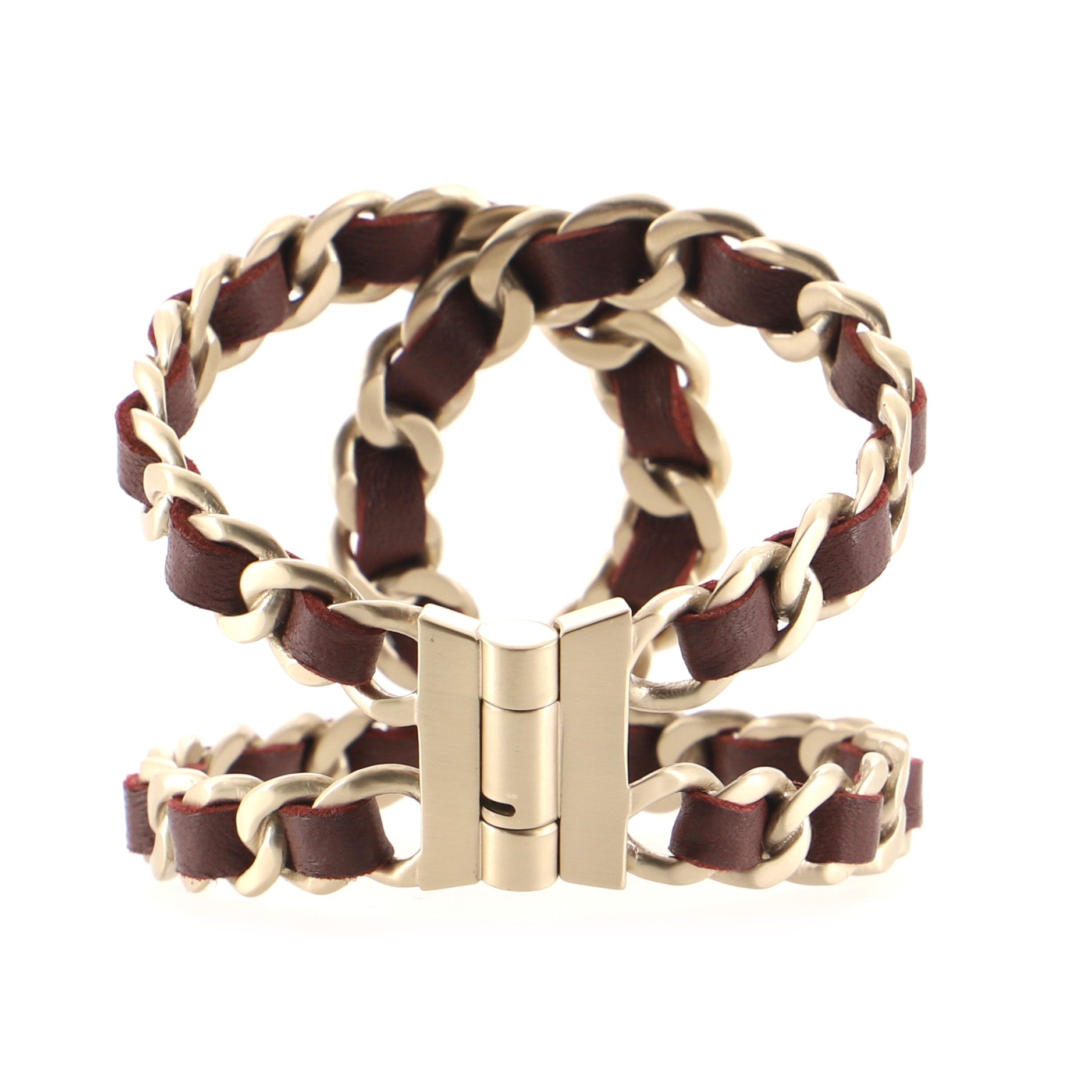 Chain CC Cuff Hinged Bracelet Metal with Lambskin Wide