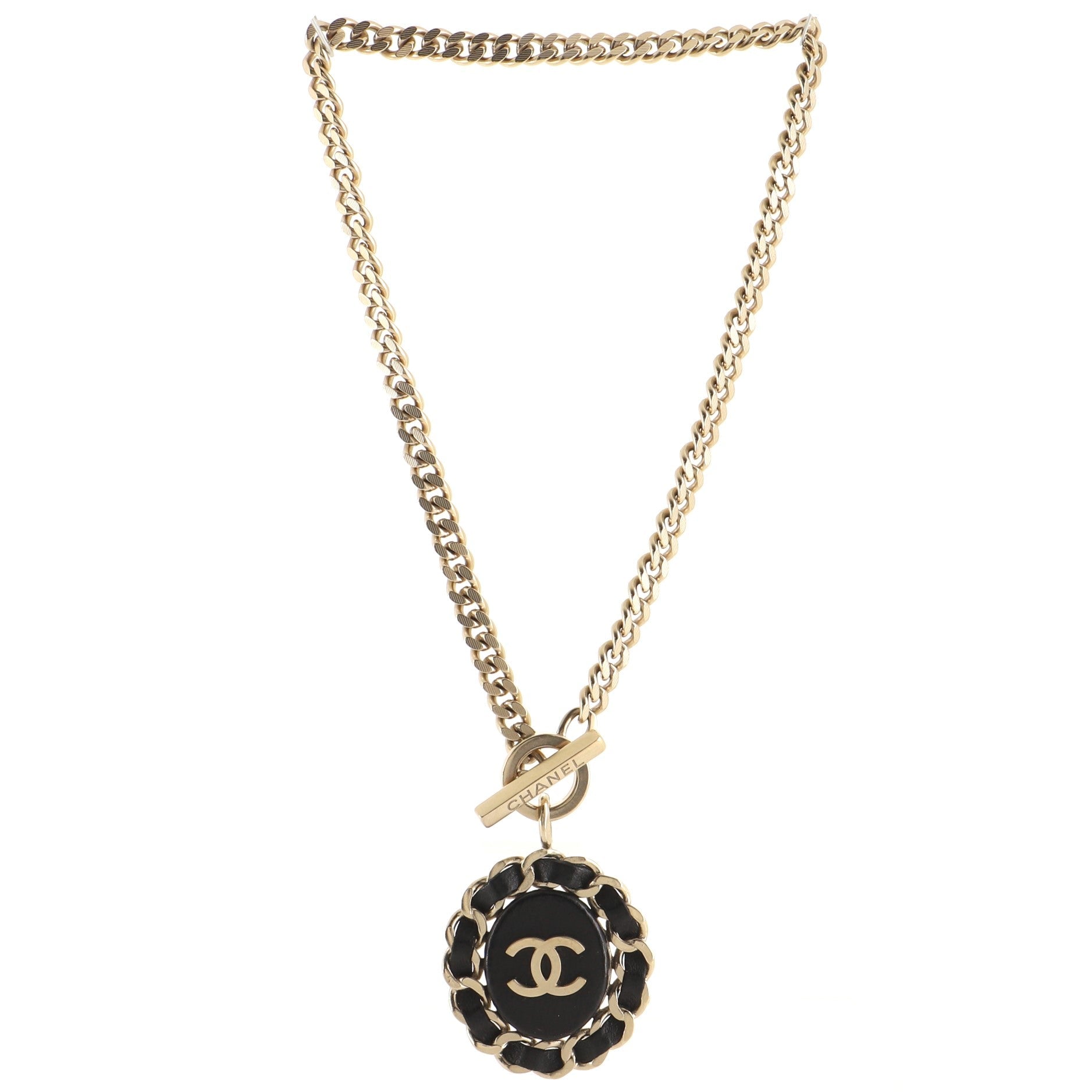 CC Pendant Choker Necklace Metal and Leather