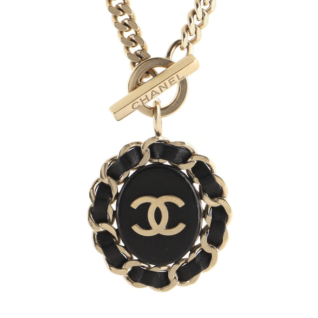 CC Pendant Choker Necklace Metal and Leather