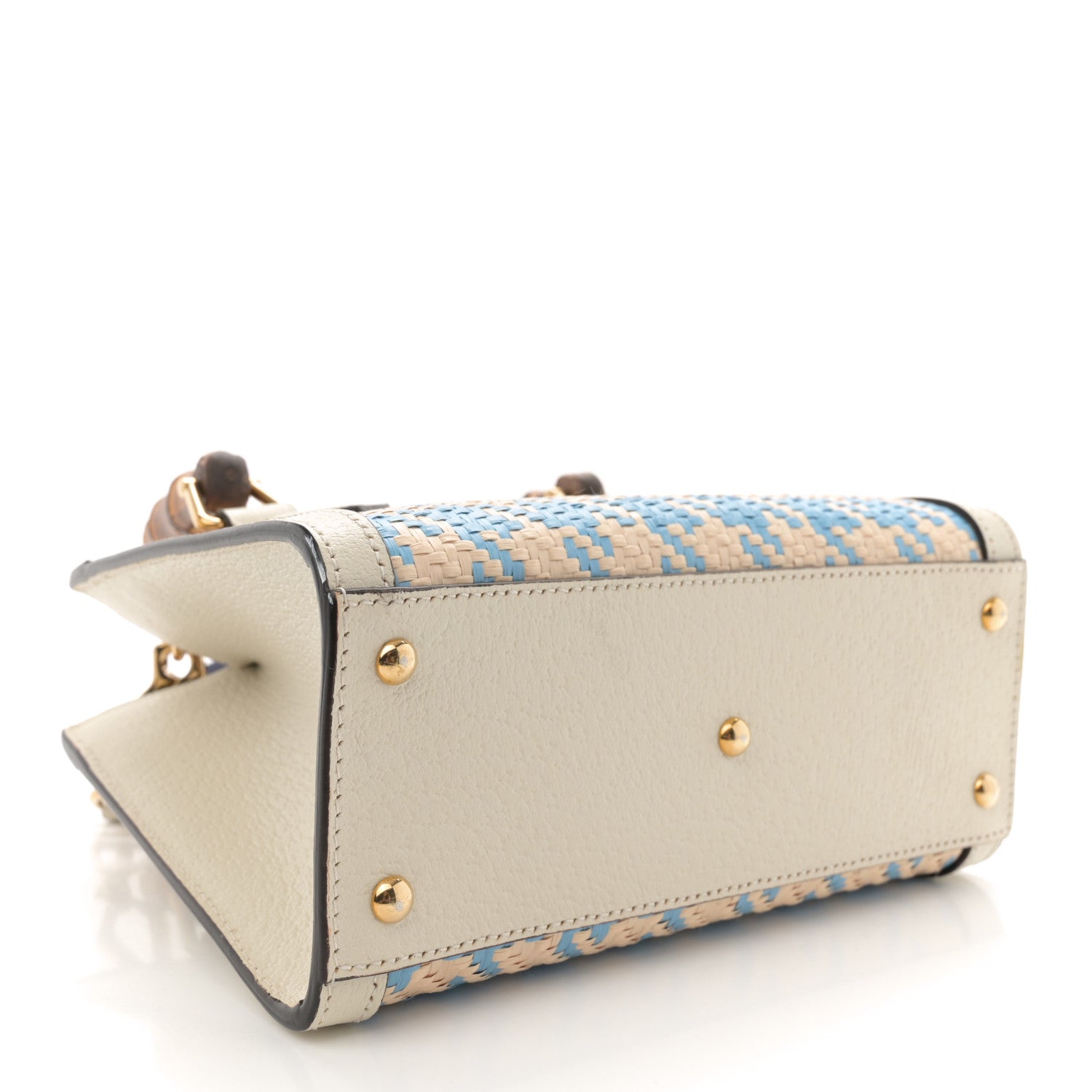 Raffia Textured Dollar Calfskin Web Houndstooth Mini Diana Tote Bag Light Blue Natural Deep Orange