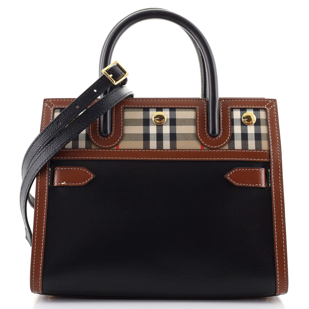 Title Two Handle Tote Leather with Vintage Check Canvas Mini