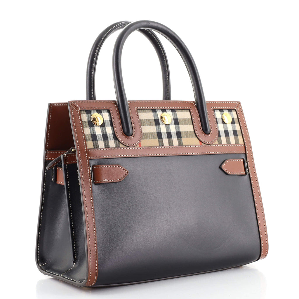 Title Two Handle Tote Leather with Vintage Check Canvas Mini
