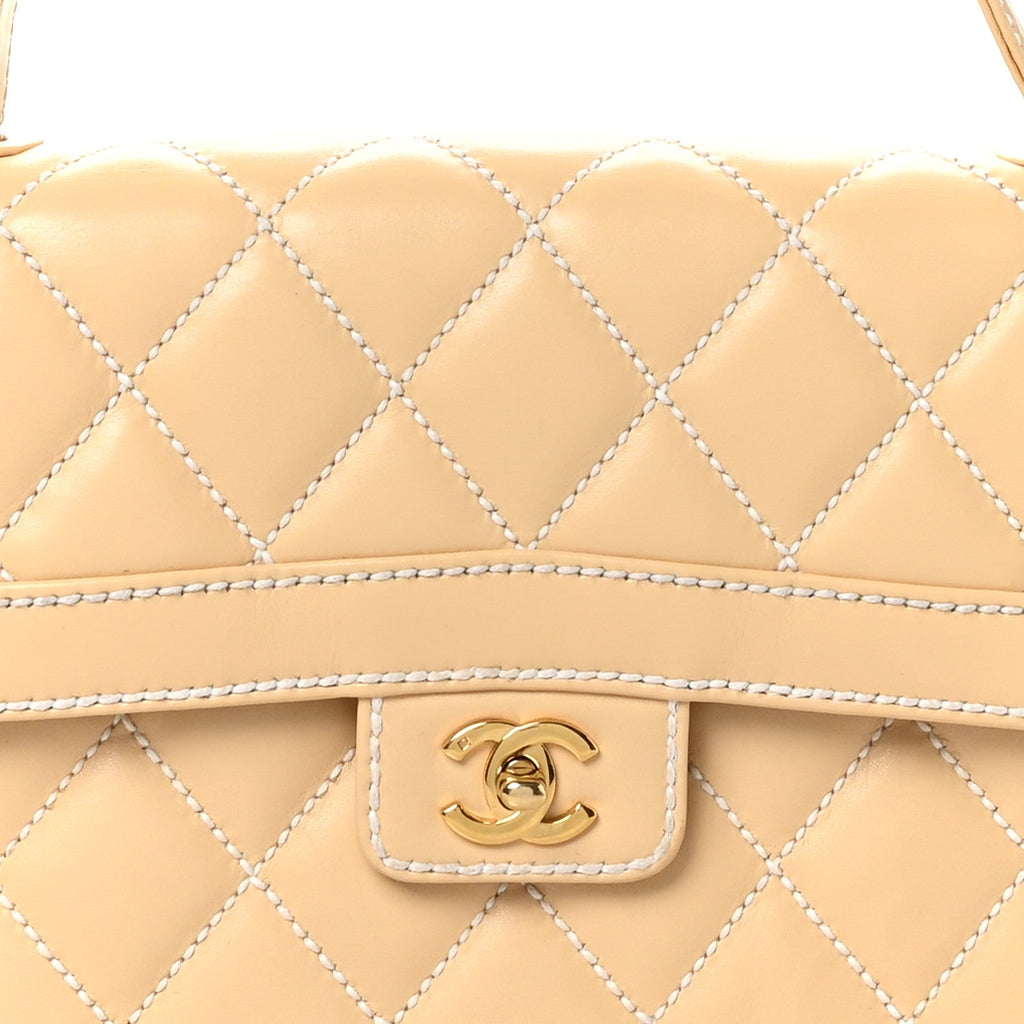 Calfskin Quilted Wild Stitch Large Flap Beige