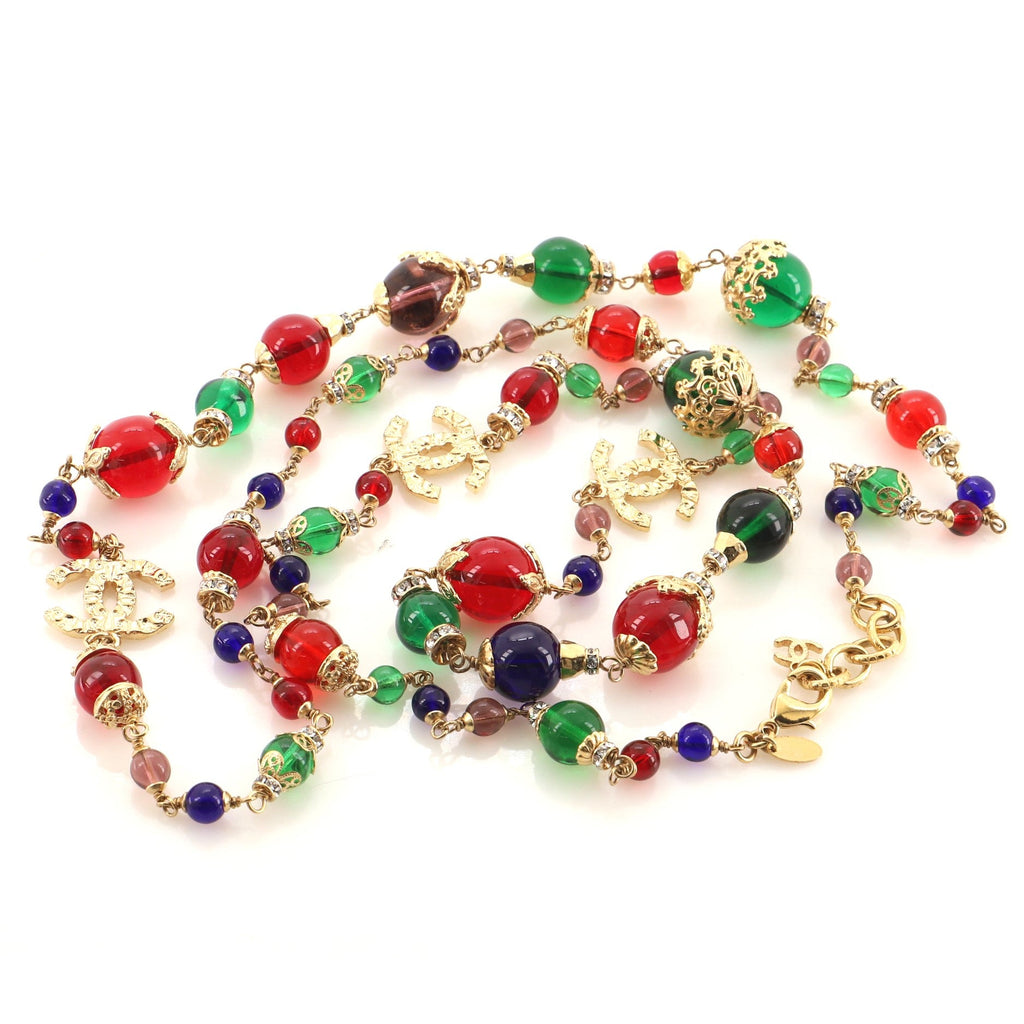 CC Station Long Necklace Metal with Beads and Crystals