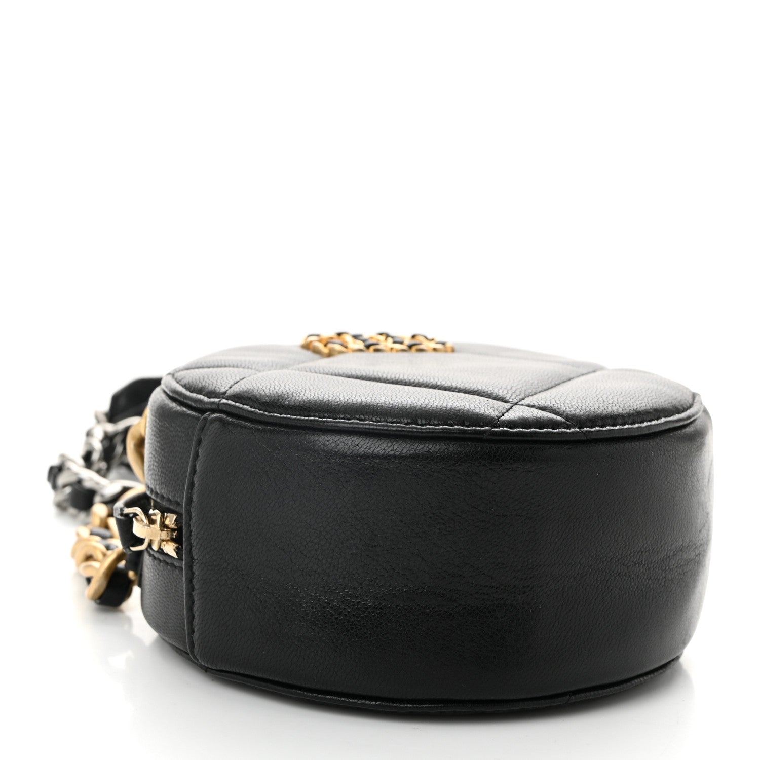 Shiny Goatskin Quilted Chanel 19 Round Clutch With Chain Black