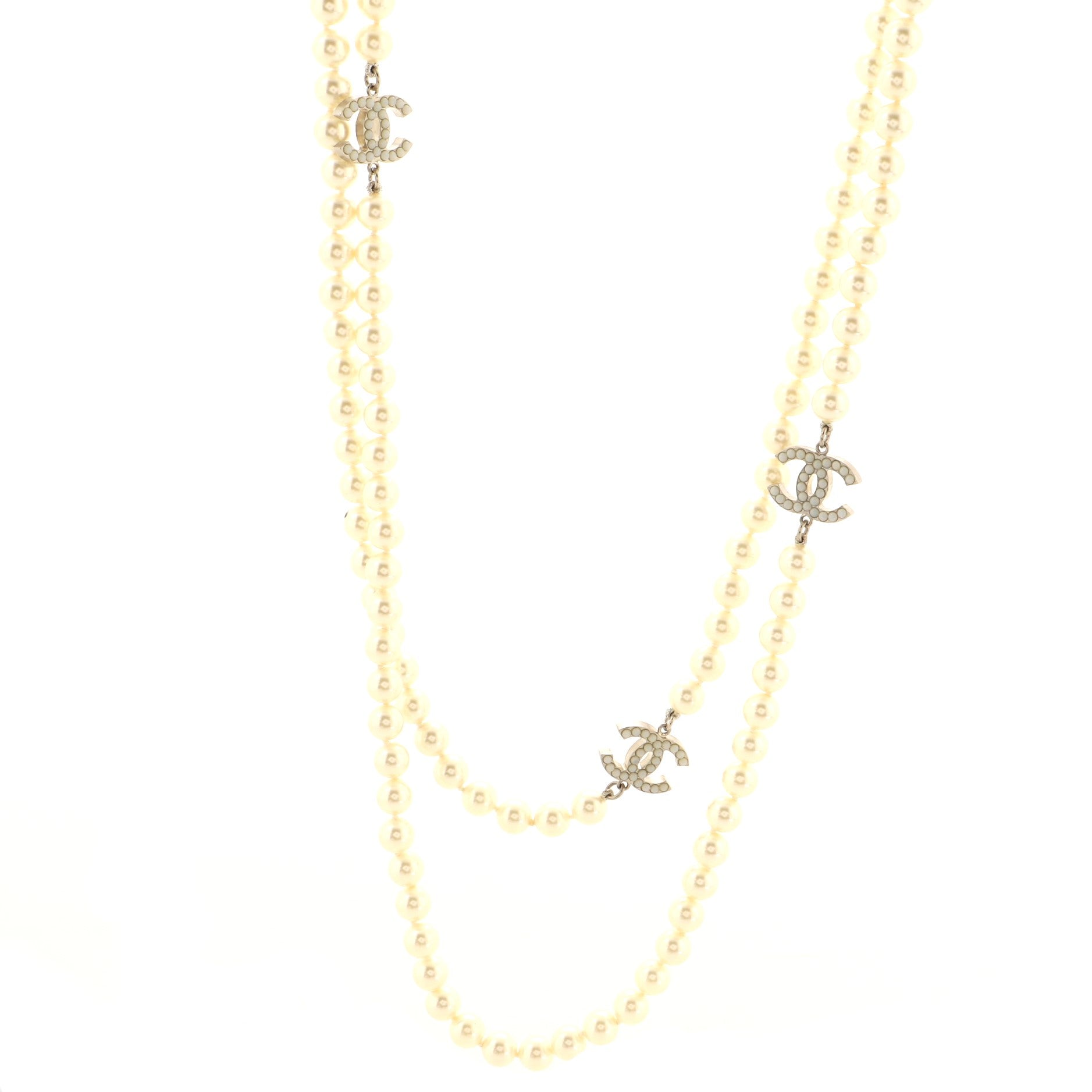CC Long Necklace Faux Pearl and Metal with Beads