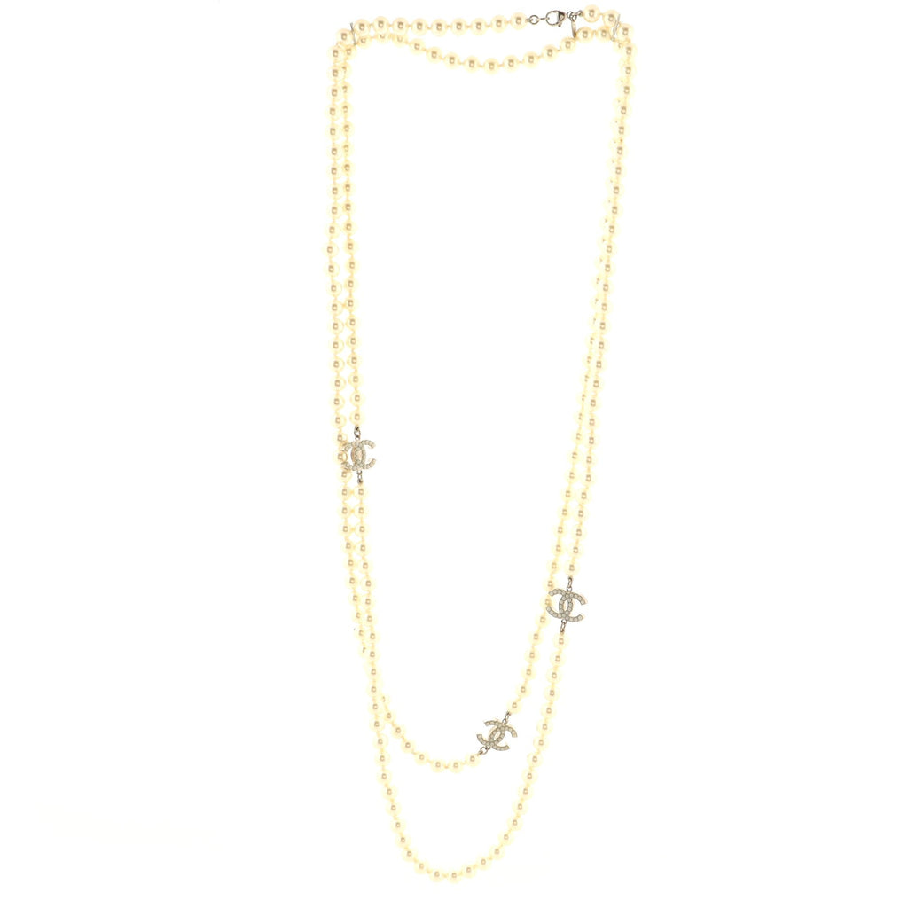CC Long Necklace Faux Pearl and Metal with Beads