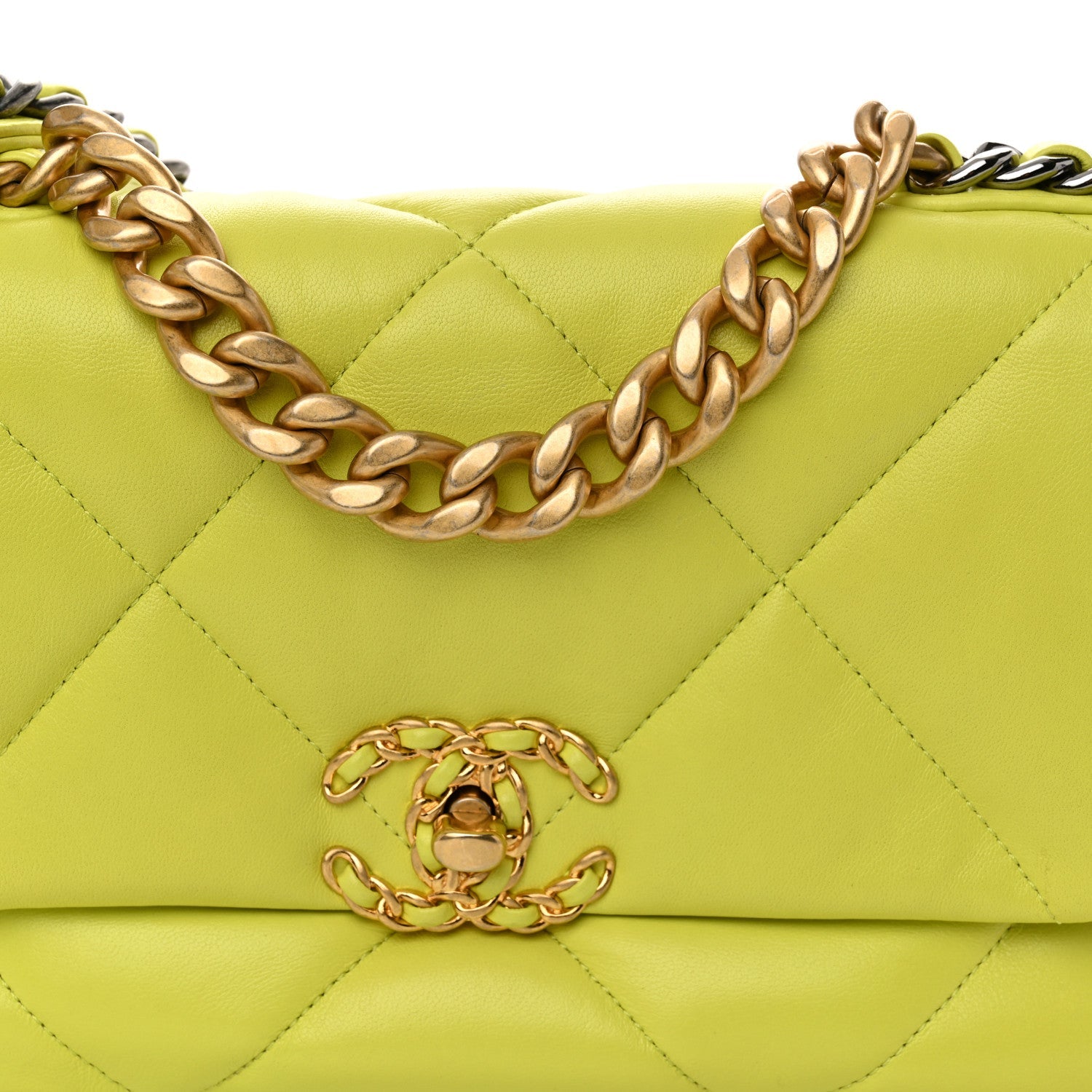 Shiny Lambskin Quilted Medium Chanel 19 Flap Neon Yellow