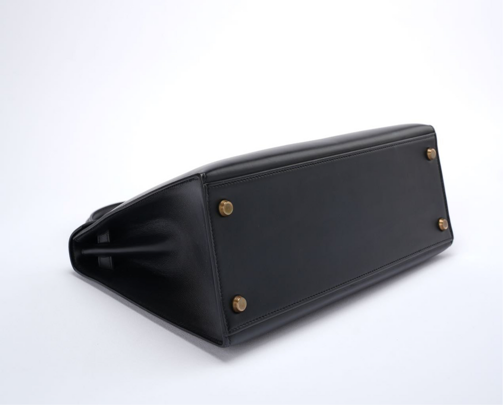 Hermes Vintage Kelly 28 Sellier Bag in Black Calf Box Leather With Gold Hardware