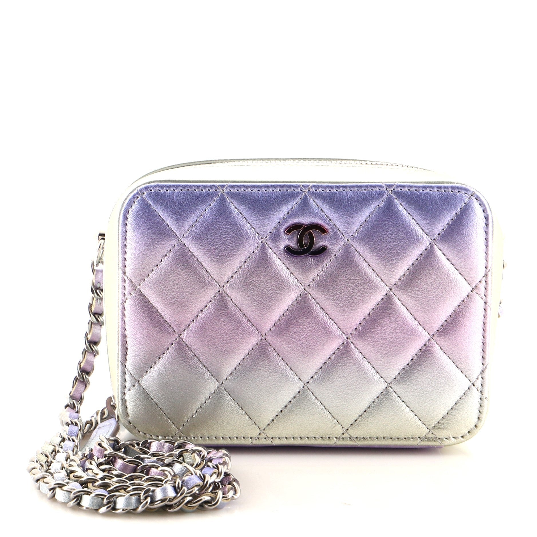 Zip Around Vanity Case with Chain Quilted Gradient Metallic Calfskin with Gradient Hardware Mini