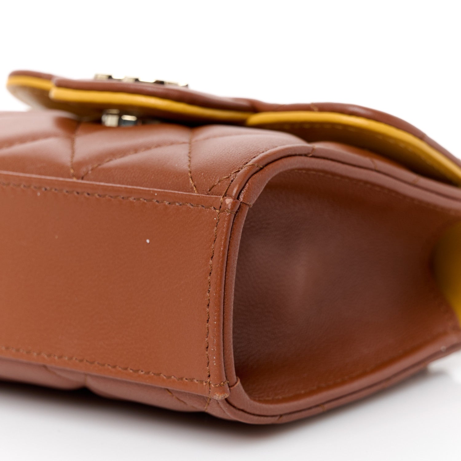 Lambskin Quilted Top Handle Flap Clutch With Chain Brown Yellow