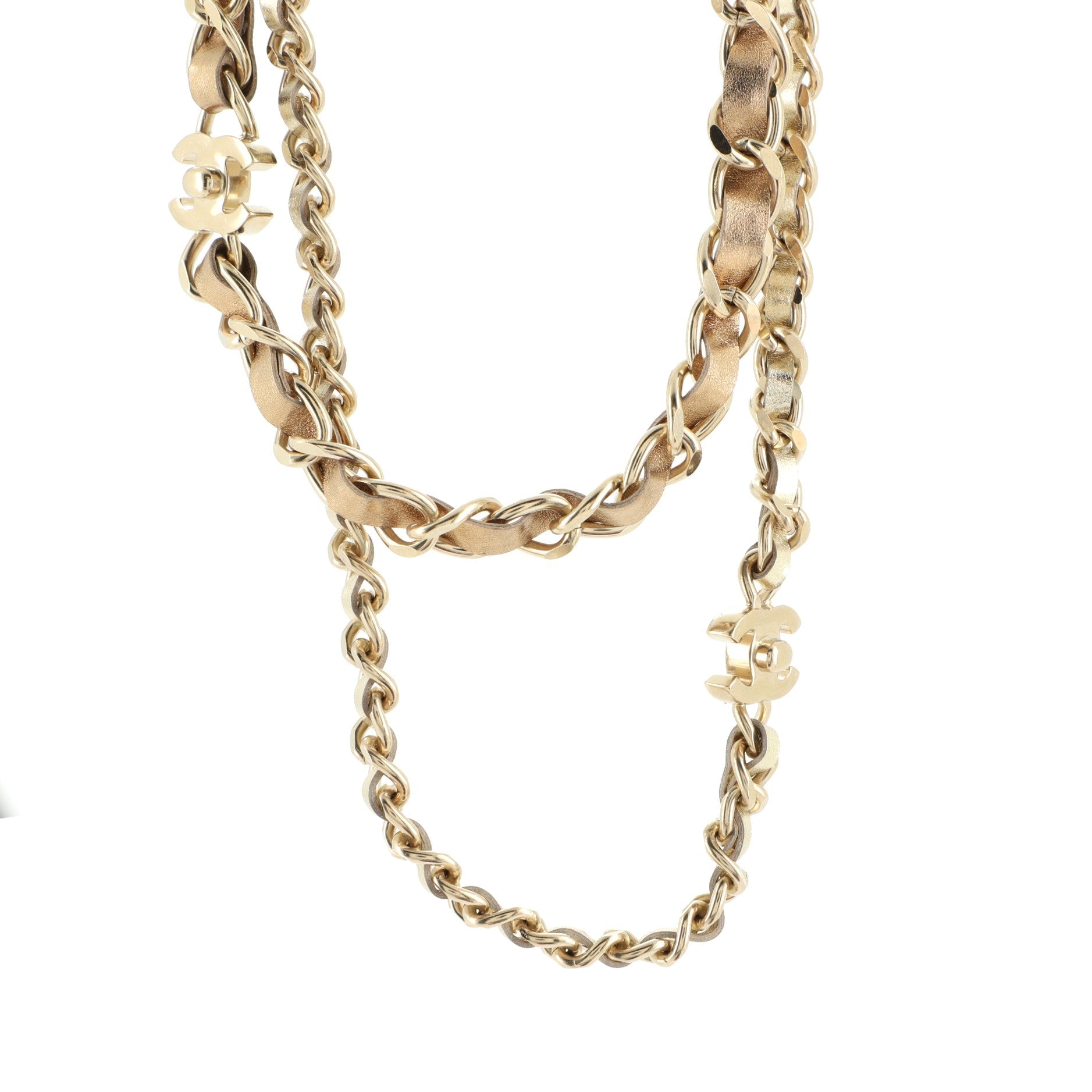 CC Turnlock Double Chain Necklace Metal with Leather