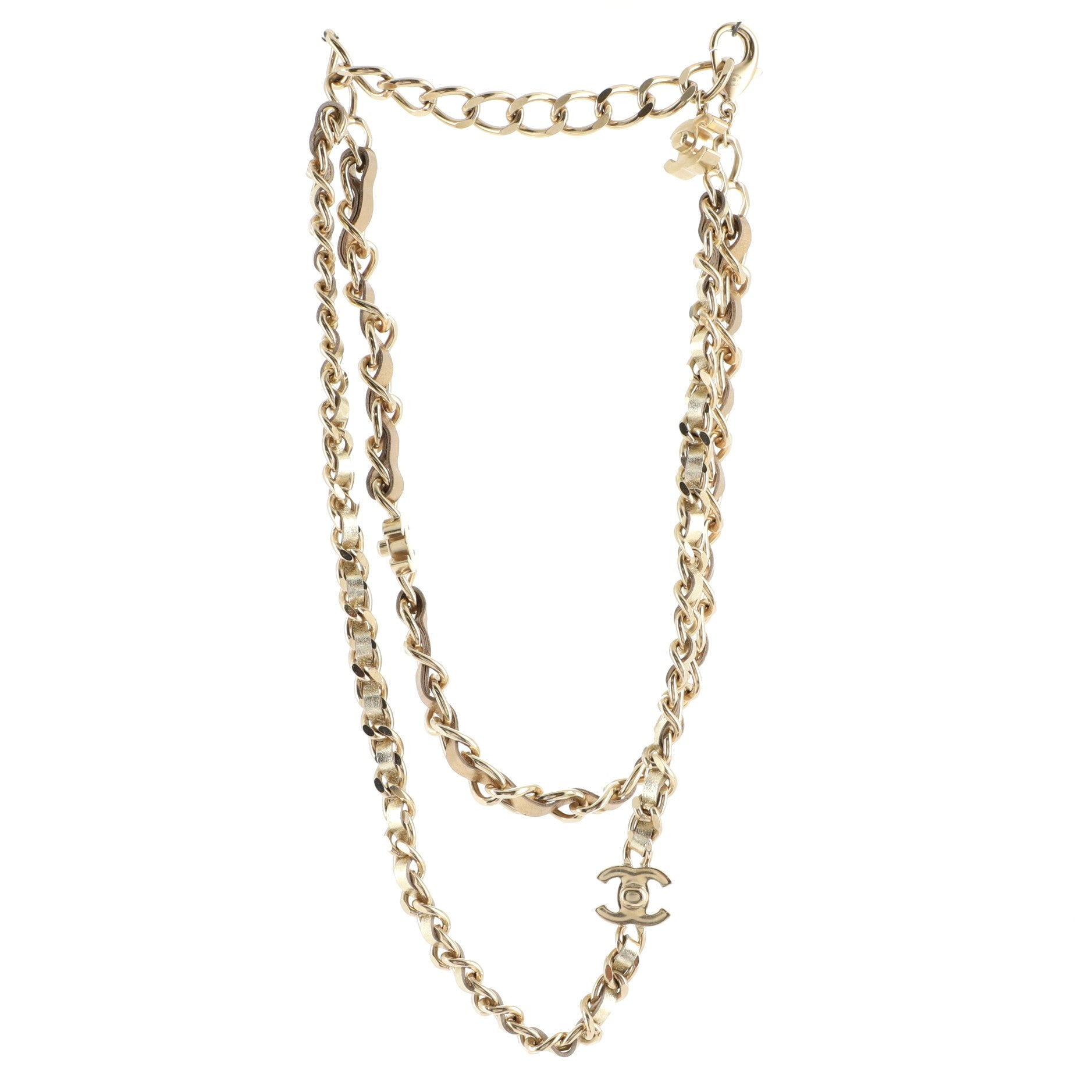 CC Turnlock Double Chain Necklace Metal with Leather