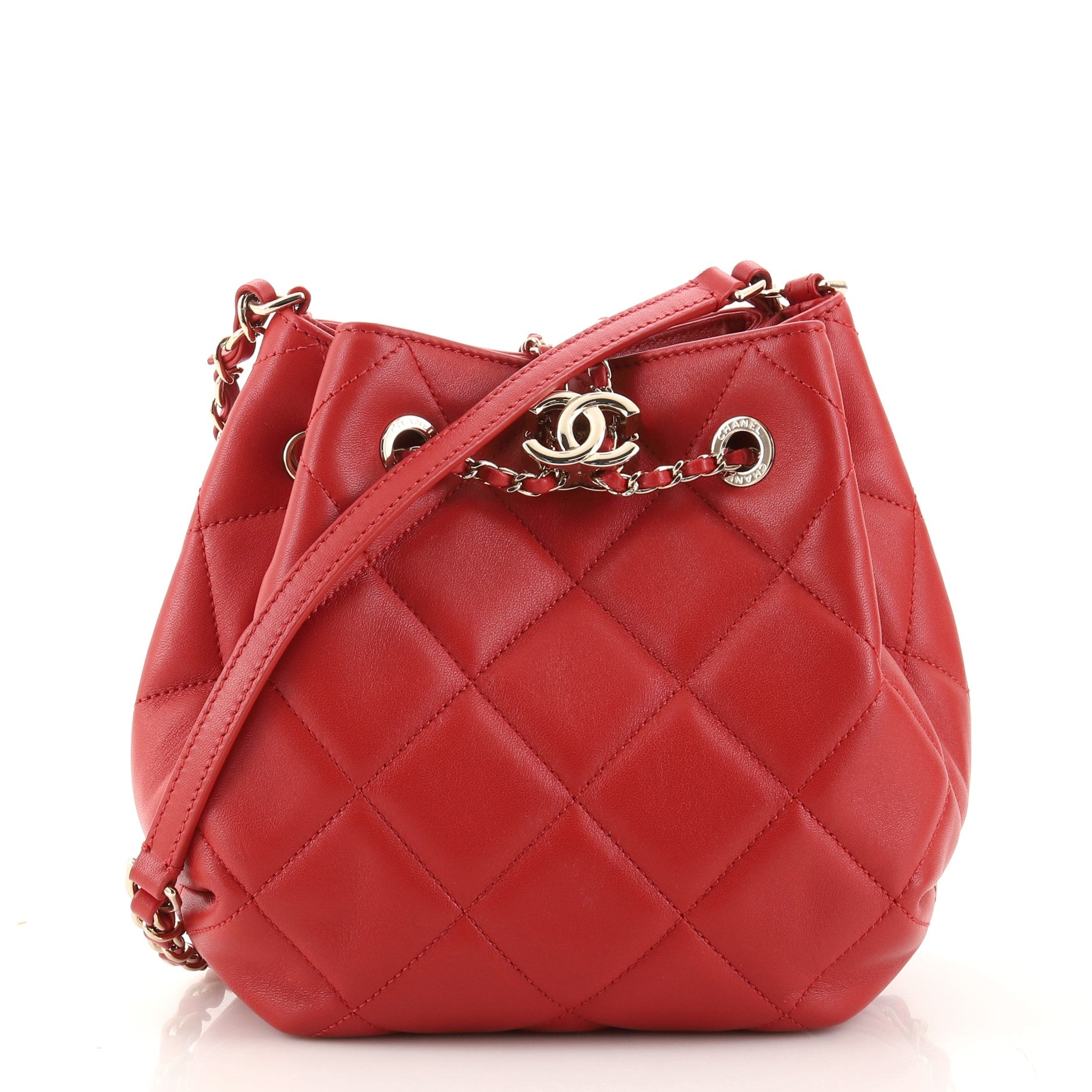 CC Chain Drawstring Bucket Bag Quilted Lambskin Mini