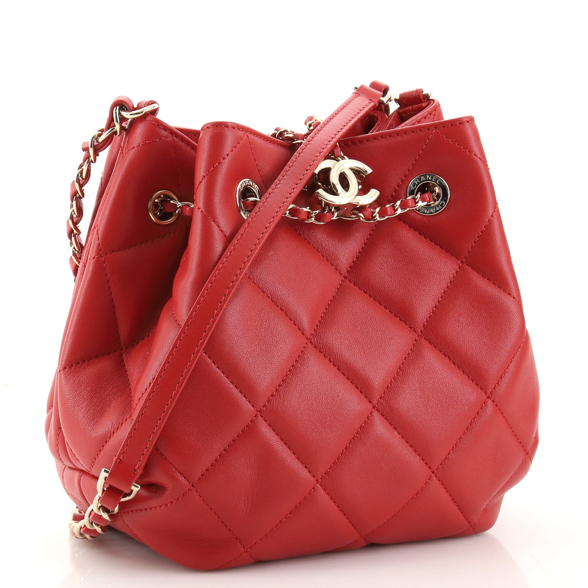 CC Chain Drawstring Bucket Bag Quilted Lambskin Mini
