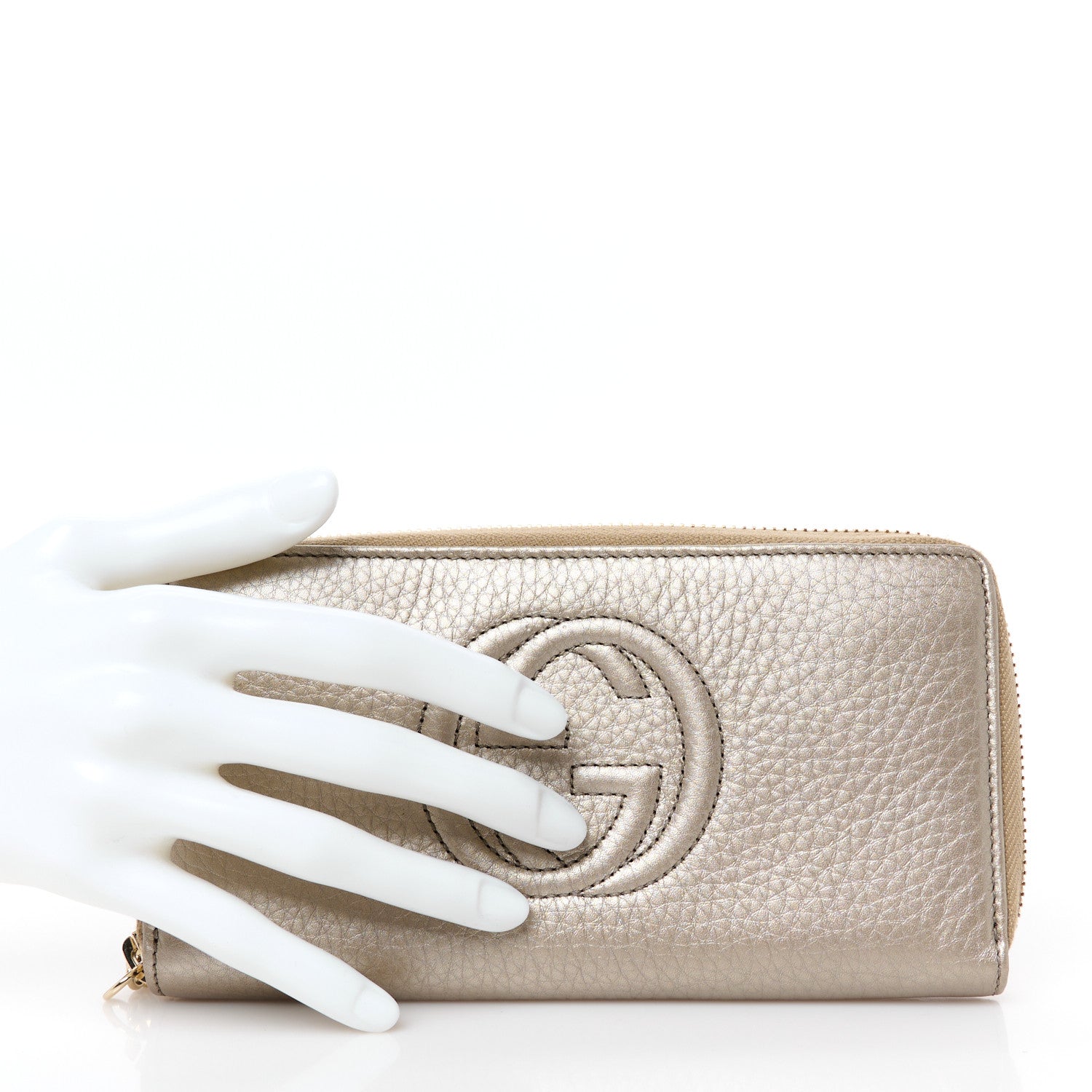 Metallic Pebbled Calfskin Soho Zip Around Wallet Golden Beige