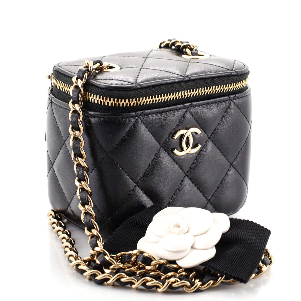 Camellia Bow Vanity Case with Chain Quilted Lambskin Mini