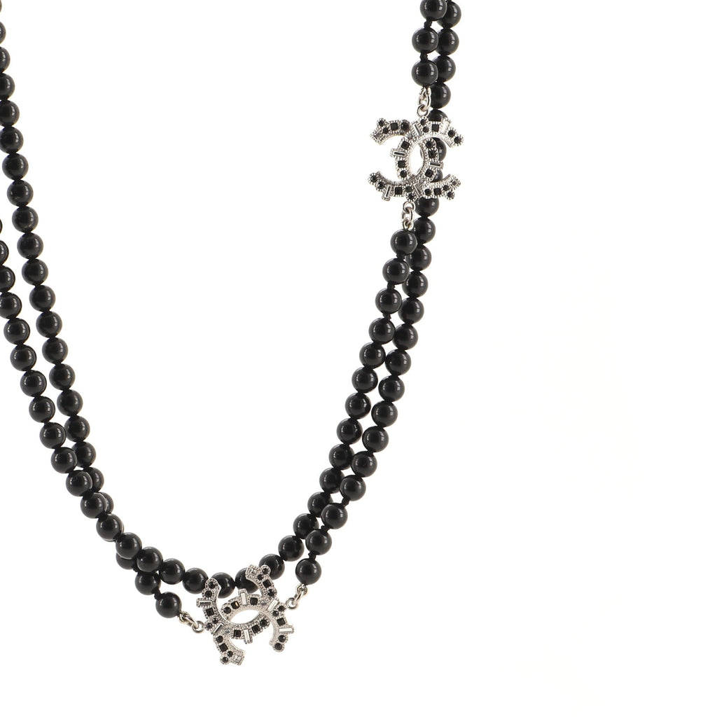Triple CC Long Necklace Beads with Metal and Rhinestones
