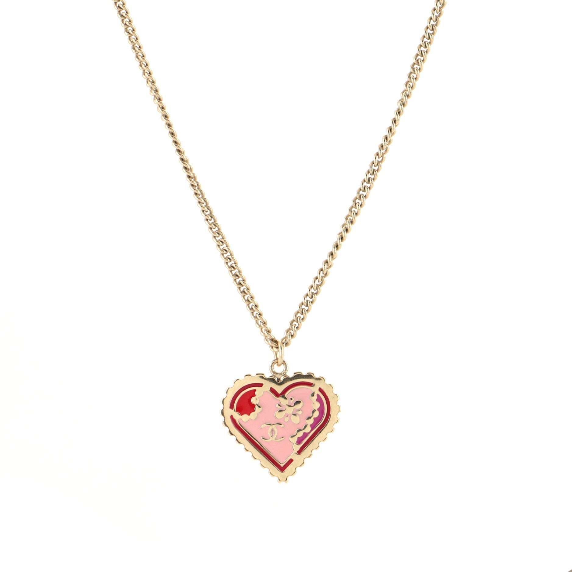 CC Heart Pendant Necklace Metal and Enamel