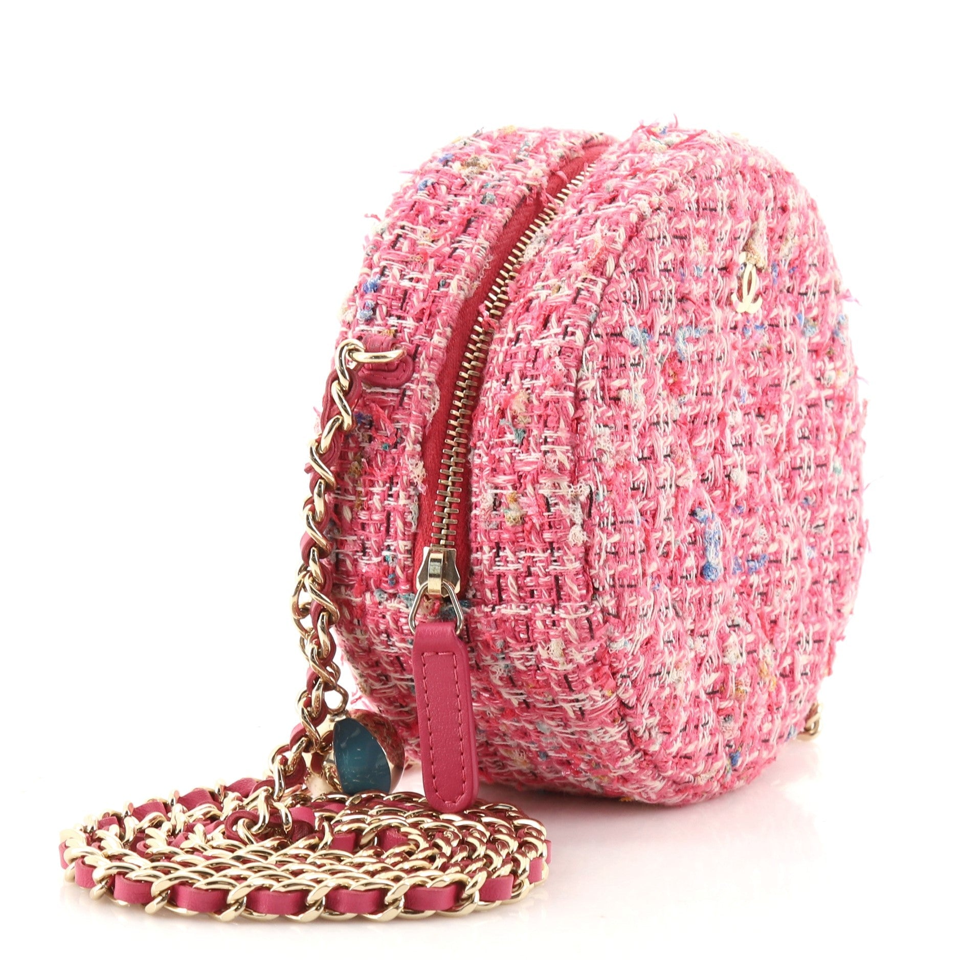 Charm Round Clutch with Chain Quilted Tweed