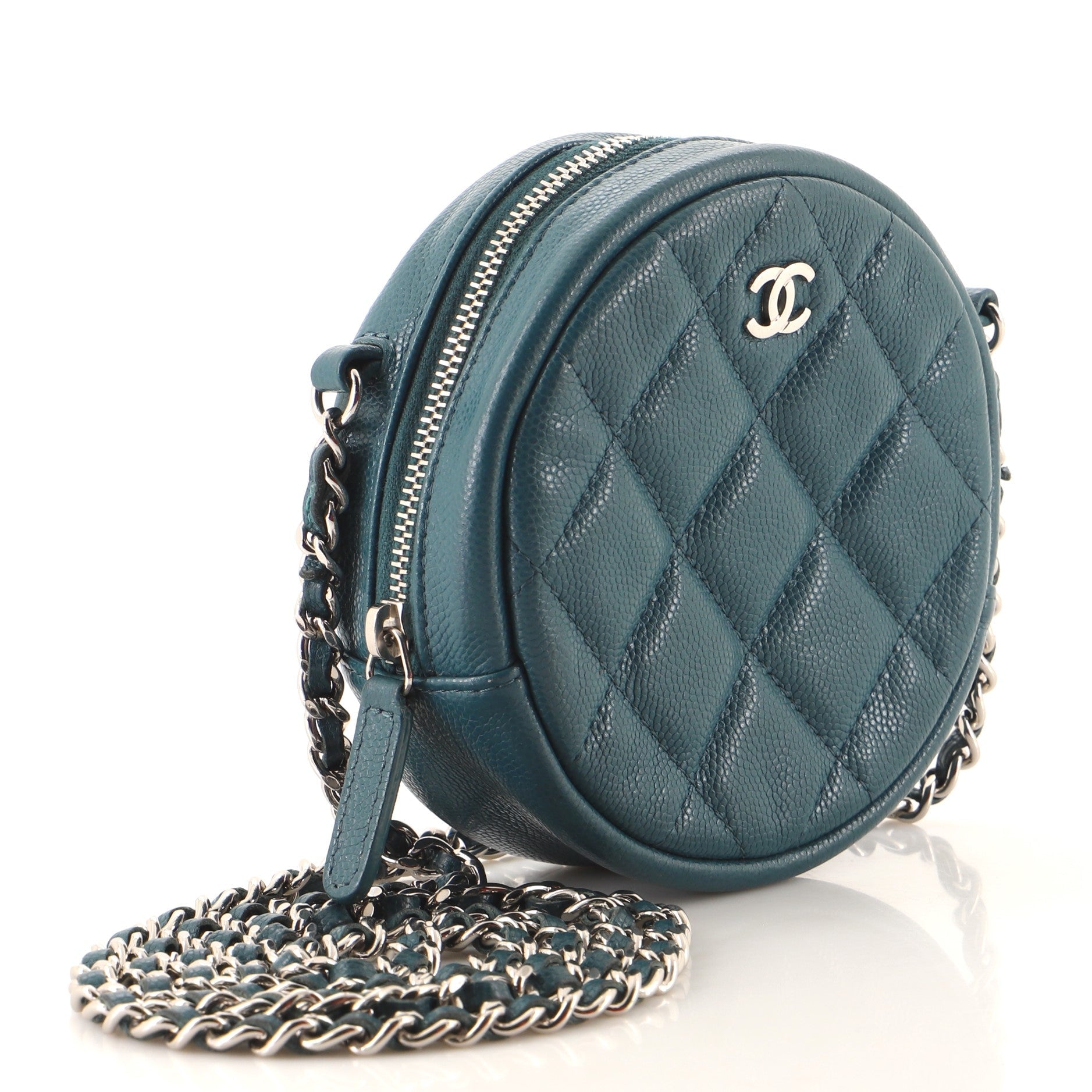 Round Clutch with Chain Quilted Caviar Mini