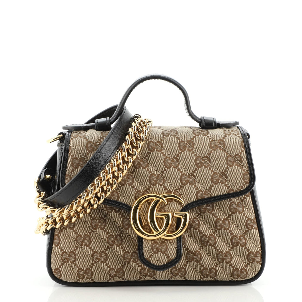 GG Marmont Top Handle Flap Bag Diagonal Quilted GG Canvas Mini