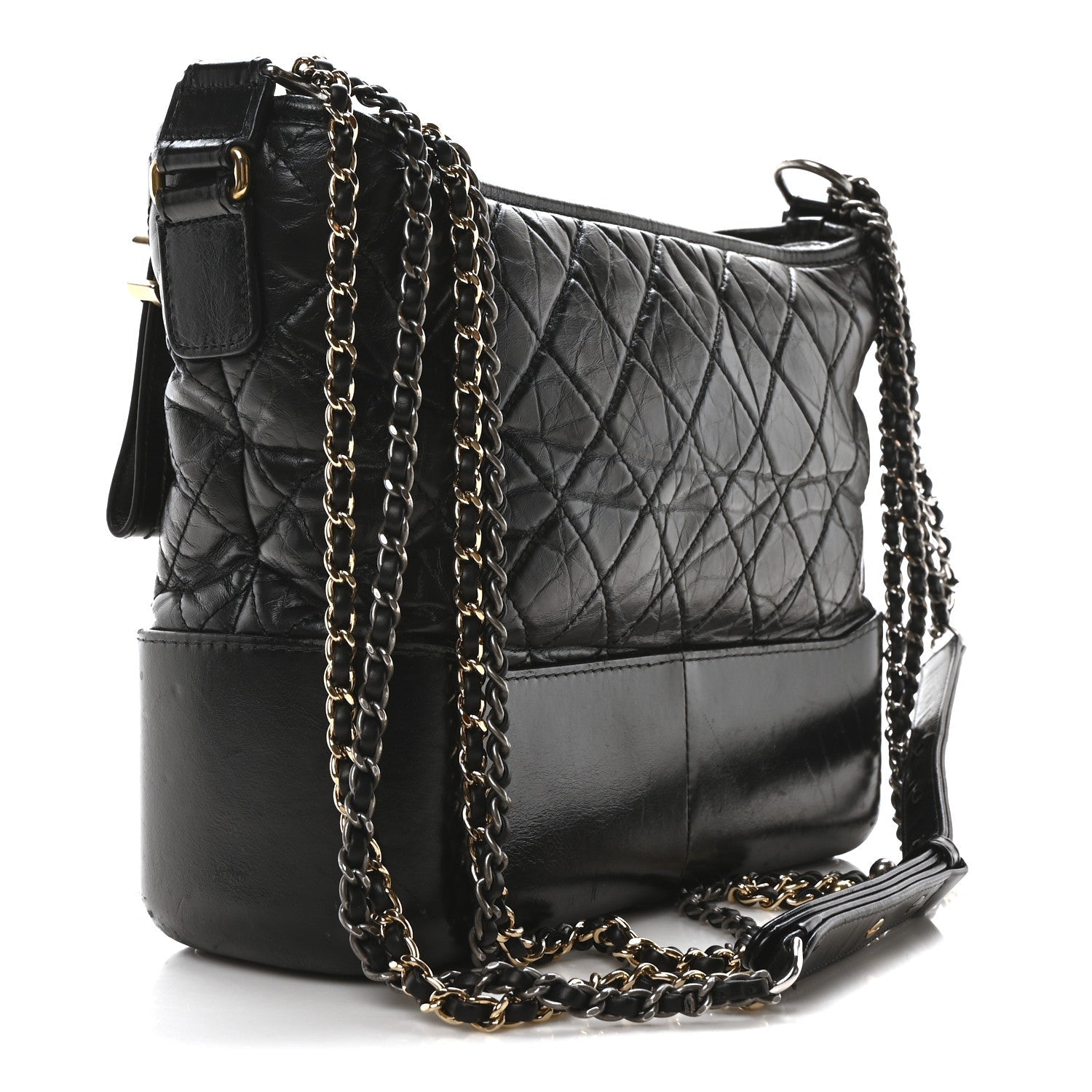Aged Smooth Calfskin Quilted Medium Gabrielle Logo Hobo Black