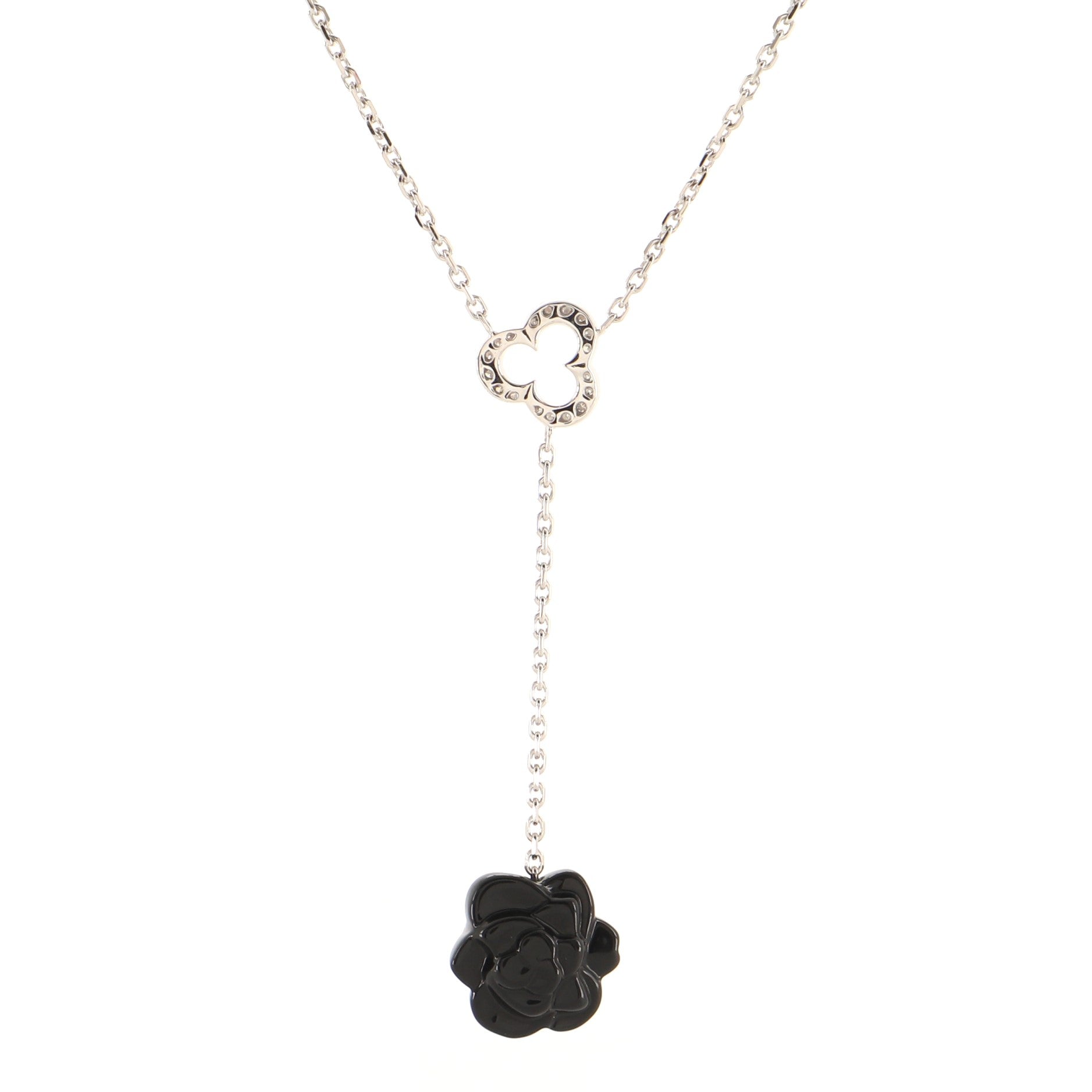 Camelia Lariat Necklace 18K White Gold with Diamonds and Onyx