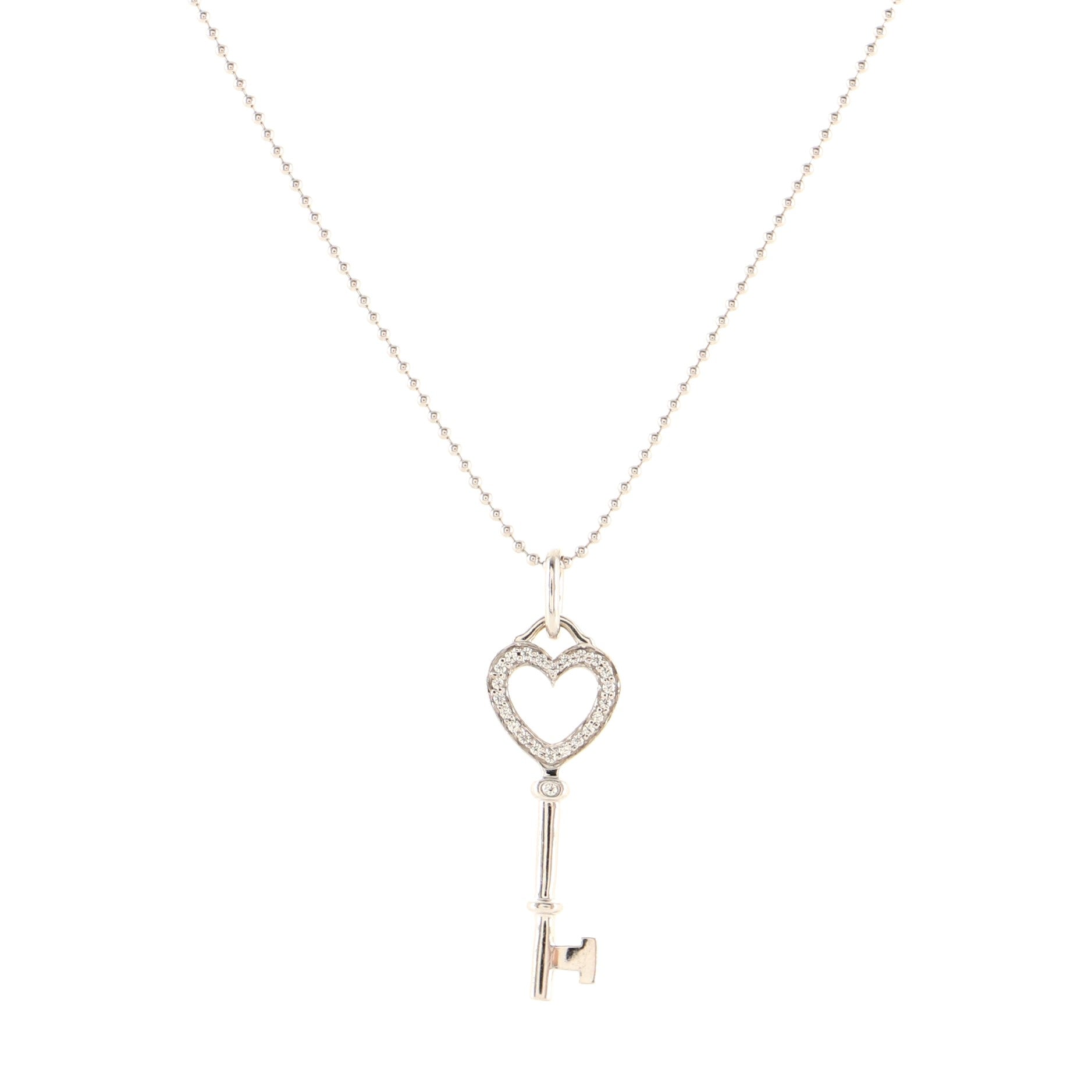 Heart Key Pendant Necklace 18K White Gold and Diamonds Mini