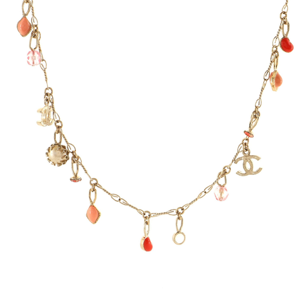 CC Long Chain Necklace Metal with Enamel and Faux Pearl