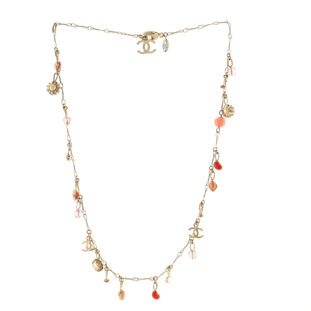 CC Long Chain Necklace Metal with Enamel and Faux Pearl