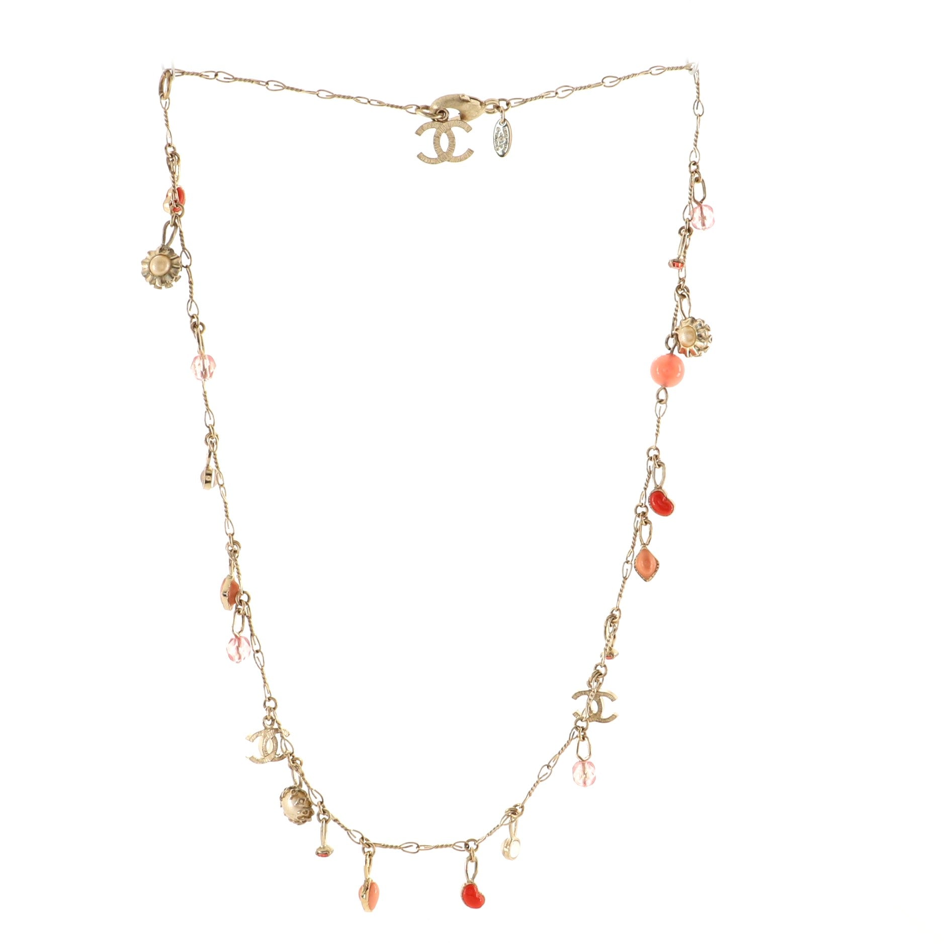 CC Long Chain Necklace Metal with Enamel and Faux Pearl
