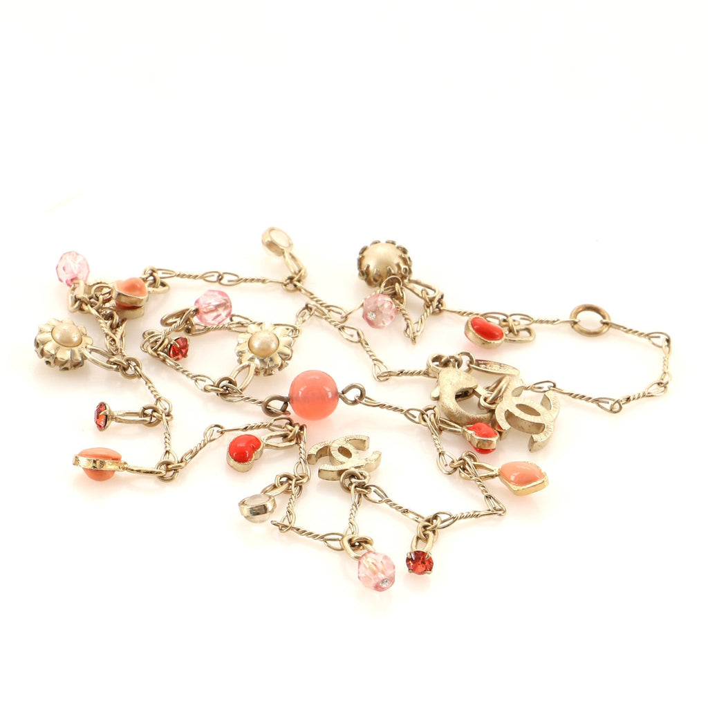 CC Long Chain Necklace Metal with Enamel and Faux Pearl