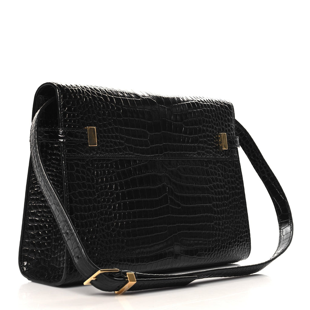Shiny Calfskin Crocodile Embossed Manhattan Baguette Black