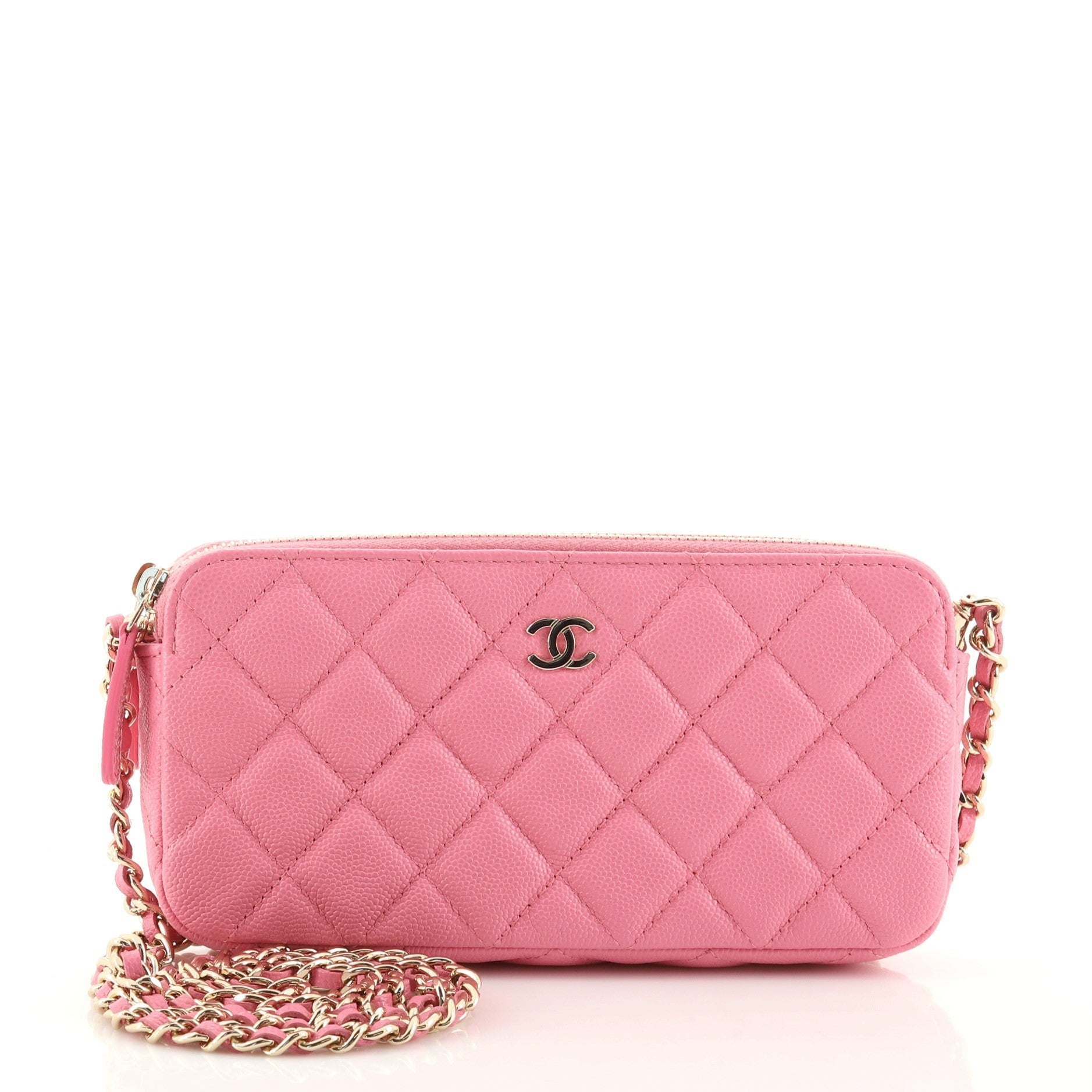 Double Zip Clutch with Chain Quilted Caviar